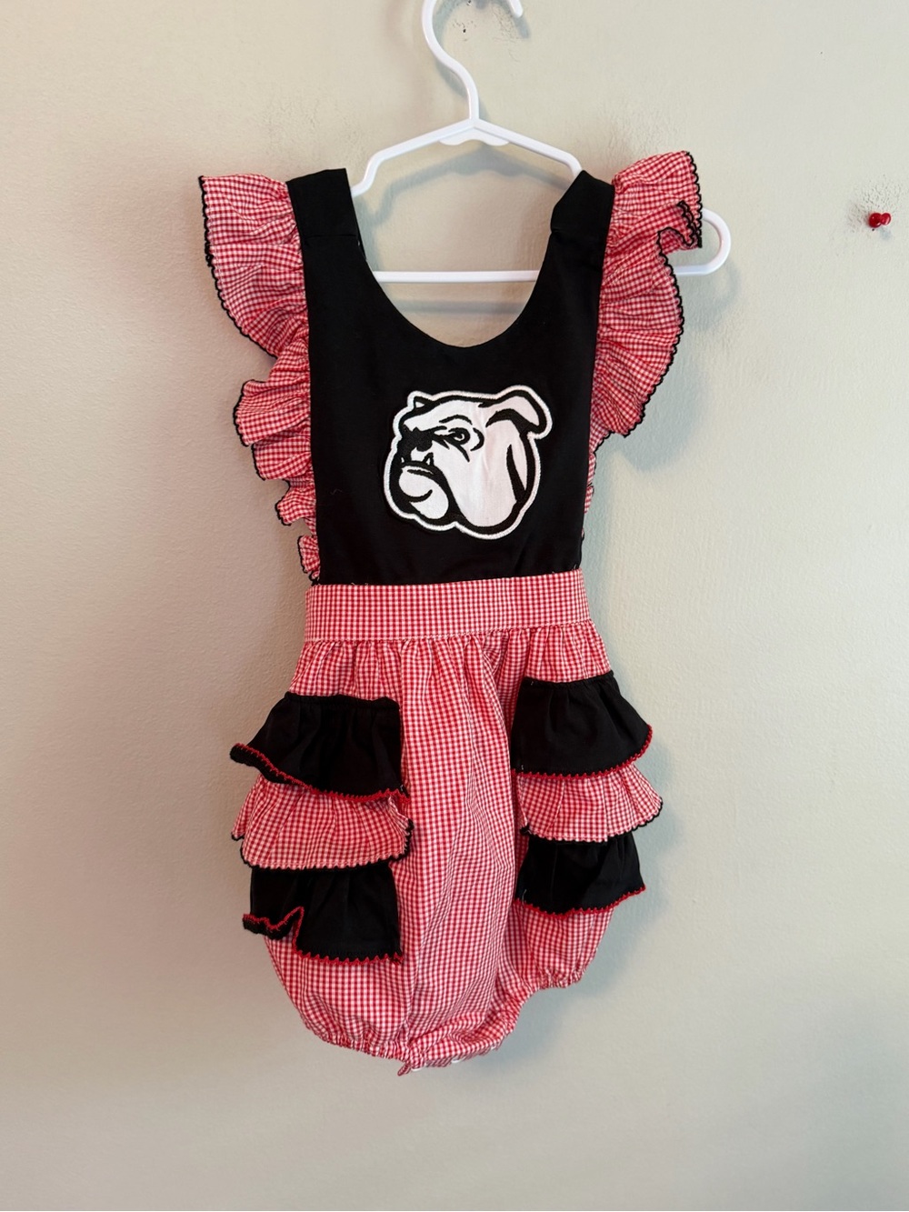 Southern Peach Black & Red Georgia Bulldog Ruffle Romper